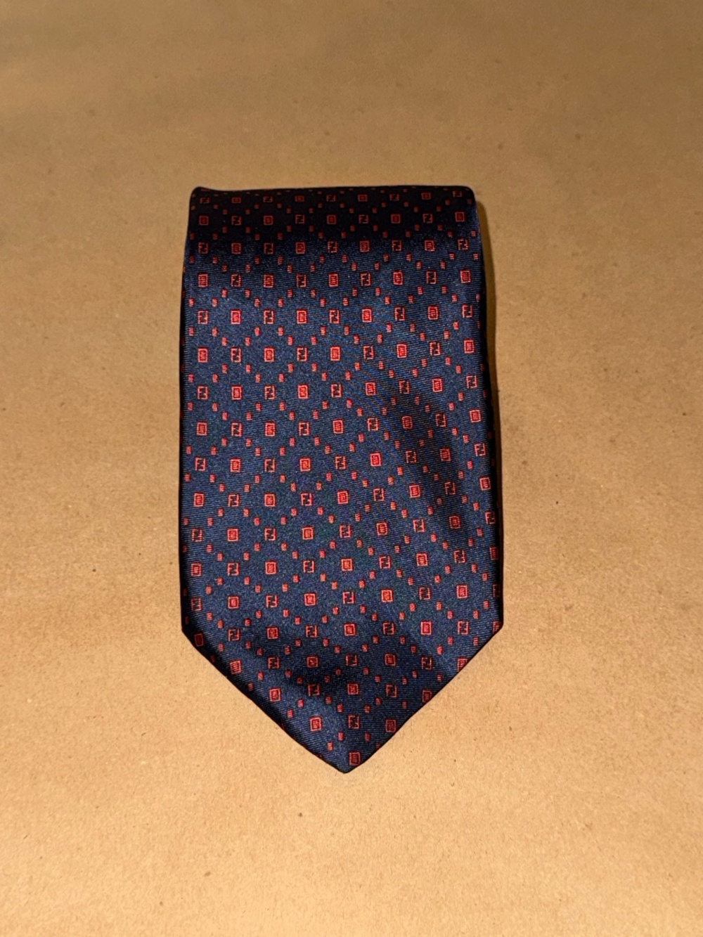 Navy Silk Tie with Red Geometric Motif